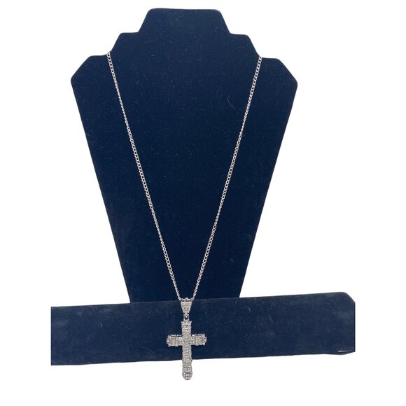 Chunky Crystal Cross Pendant Necklace Silver Tone Unisex Chain - Picture 2 of 8